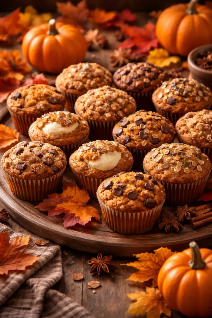 A variety of different pumpkin muffins on an autumn decorated table