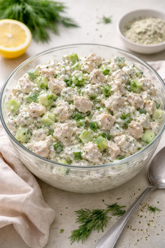Close-up of ranch dill chicken salad with cucumber in a glass bowl