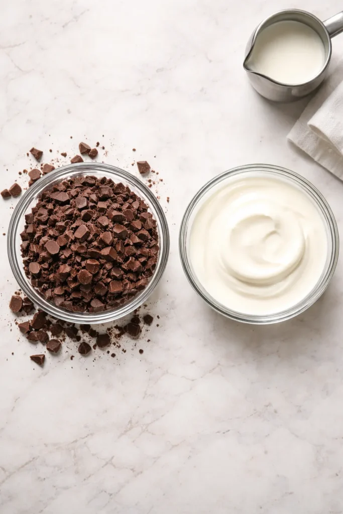 Two equal portions of chocolate and cream on a neutral surface illustrating ratio