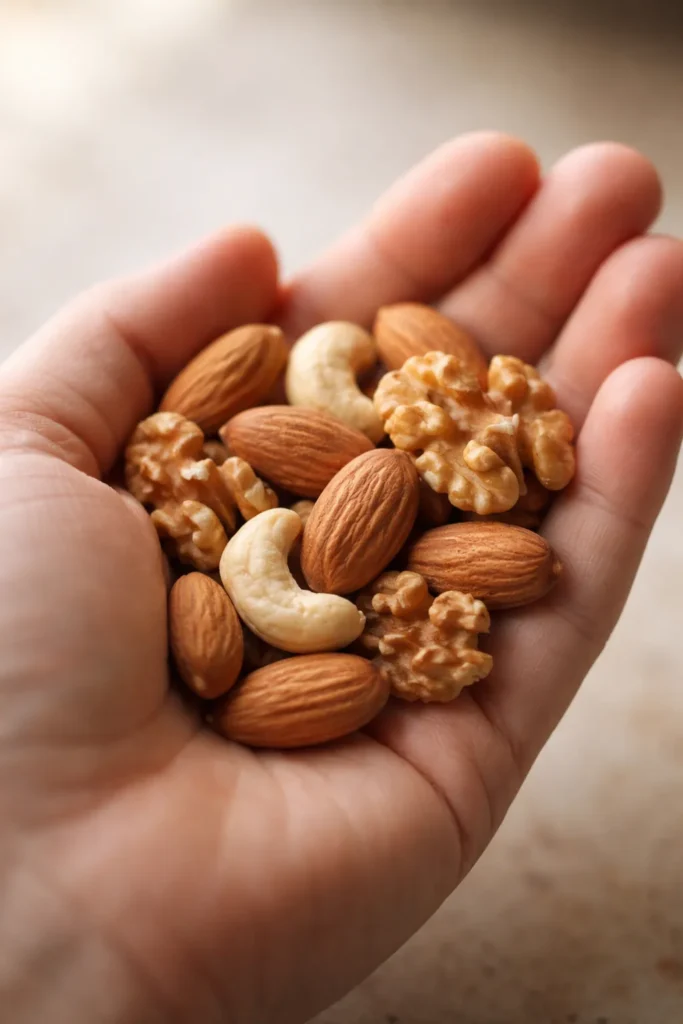 Cupped hand holding mixed raw nuts against a neutral background.