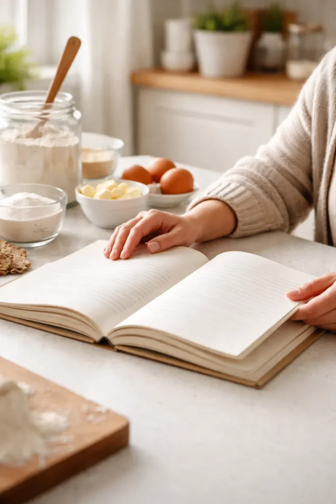 Person reading a recipe at a kitchen counter with an open book; pages appear blank to avoid text