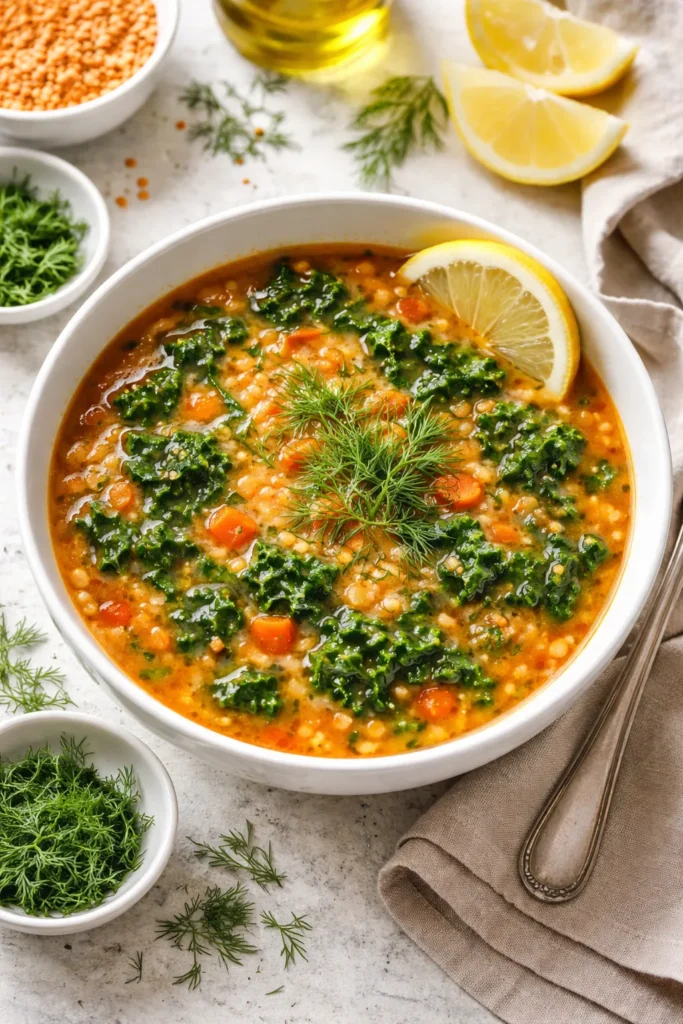 Bright red lentil kale soup with dill garnish and lemon wedge