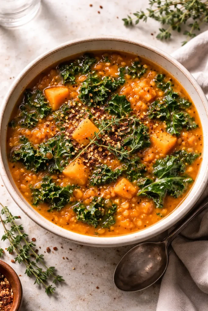 Thick red lentil soup with sweet potato and kale in a bowl