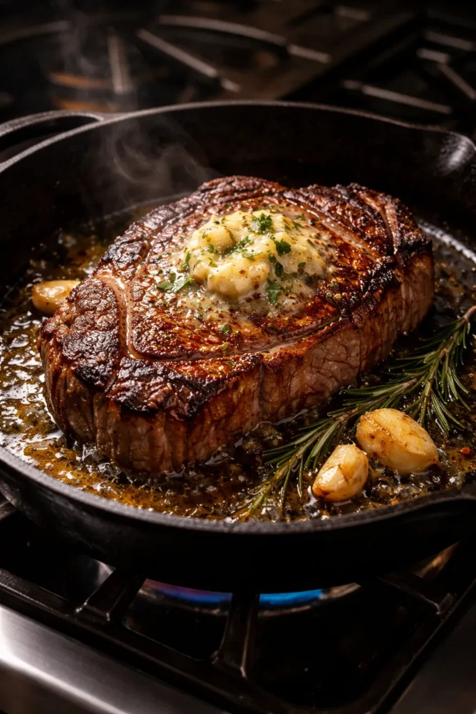 Ribeye steak seared in a hot cast iron skillet with garlic butter