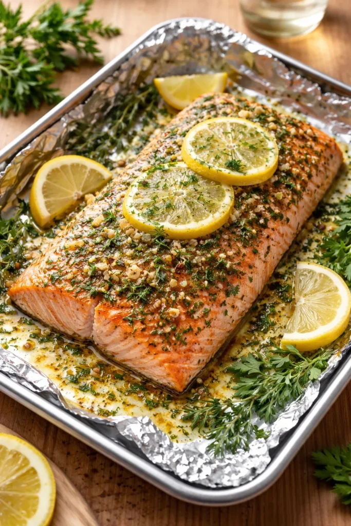 Salmon fillet baked with lemon and herbs on foil-lined dish
