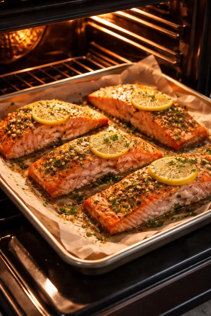 Salmon fillets on a parchment-lined baking sheet in a warm kitchen with oven glow