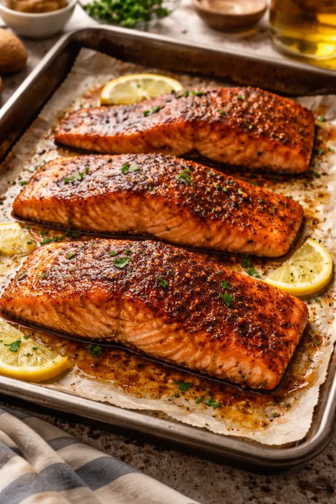 Salmon fillet with brown sugar paprika crust during baking