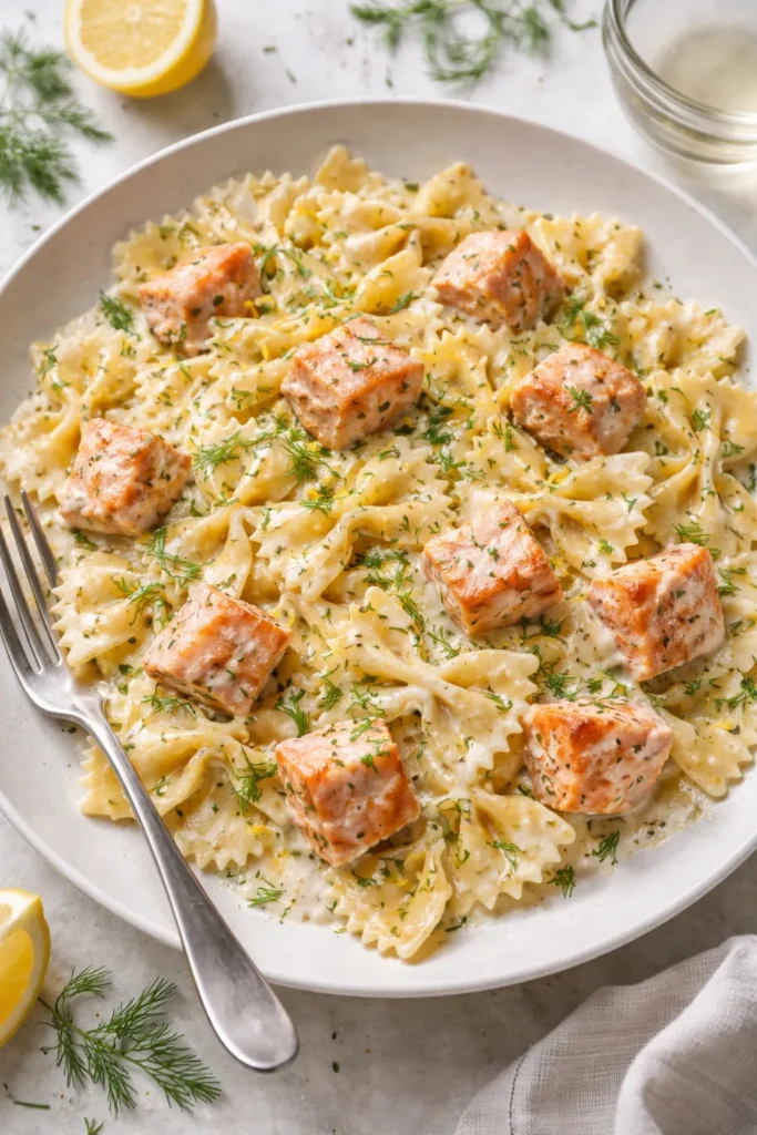 Dill-infused cream sauce with salmon in farfalle