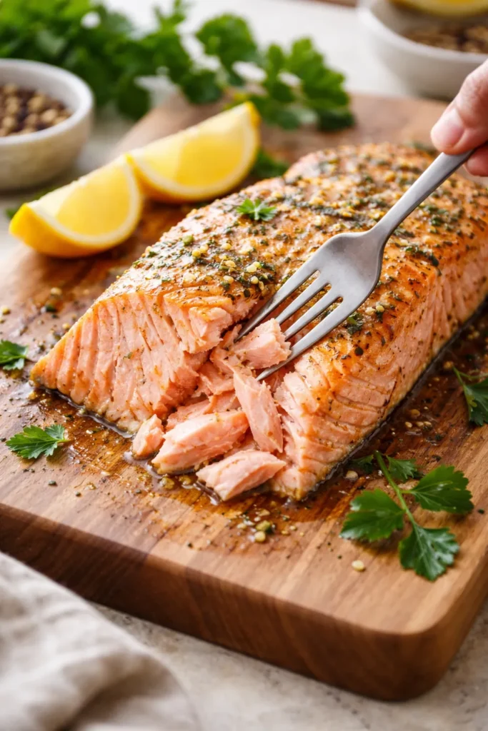 Salmon fillet being flaked with a fork to test doneness