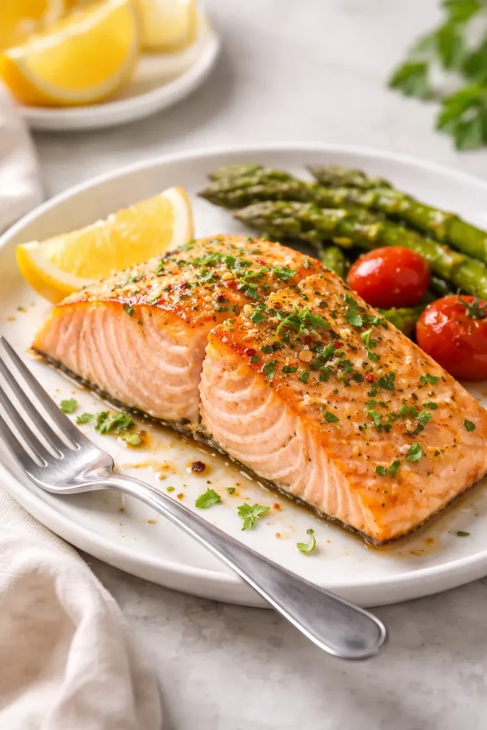 Plate of baked salmon with garnish on a clean surface
