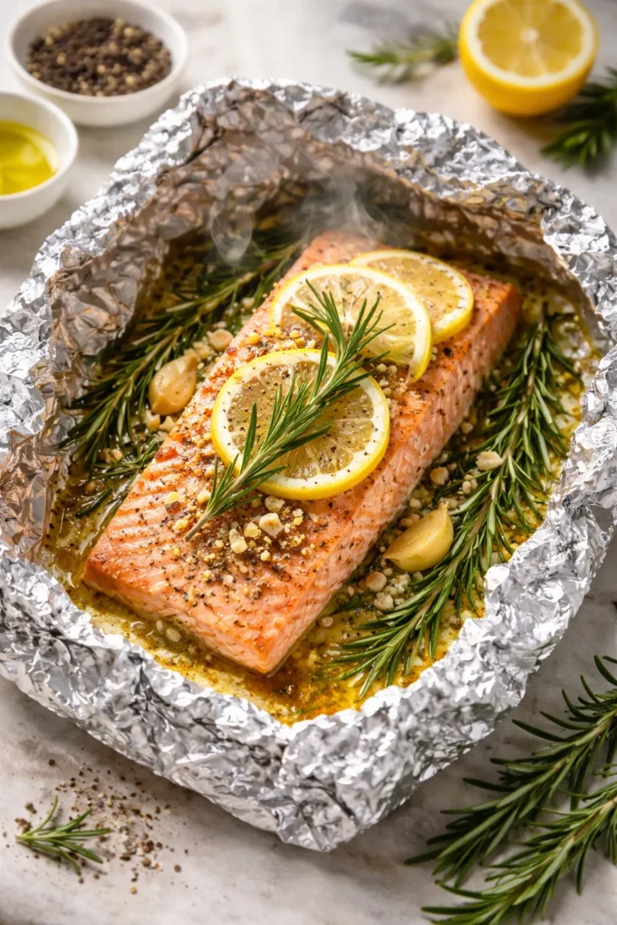 Foil packet with salmon, rosemary, lemon, and garlic