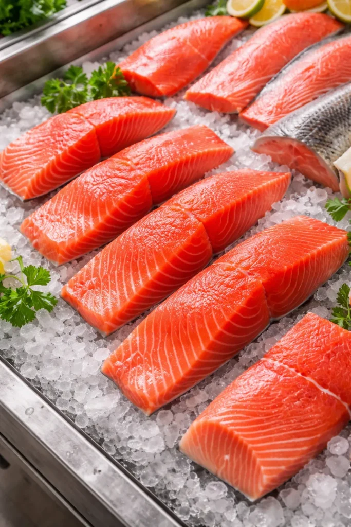 Fresh salmon fillets on crushed ice at a seafood counter, vibrant pink-red flesh