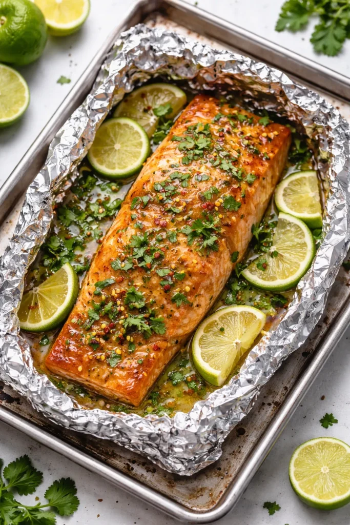 Foil packet containing honey-lime cilantro salmon