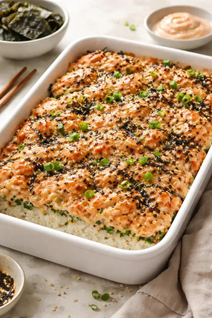 Close-up of Salmon Mentaiko Sushi Bake with pink mentaiko mayo binding the salmon.