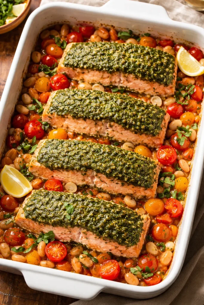 Salmon fillets with pesto on cannellini beans and tomatoes