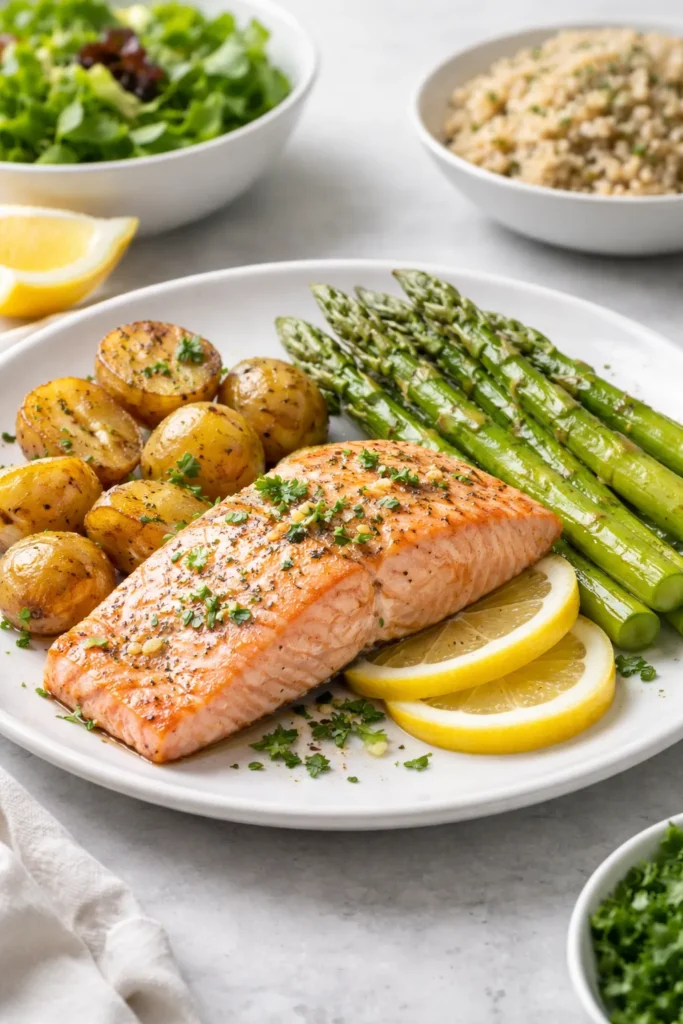 Salmon plated with asparagus and roasted potatoes