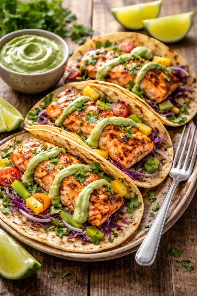 Grilled salmon tacos with avocado crema on a rustic plate