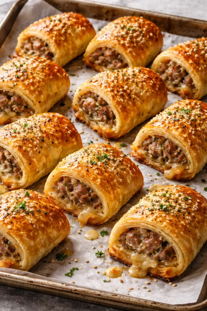 Golden cheesy sausage rolls on parchment