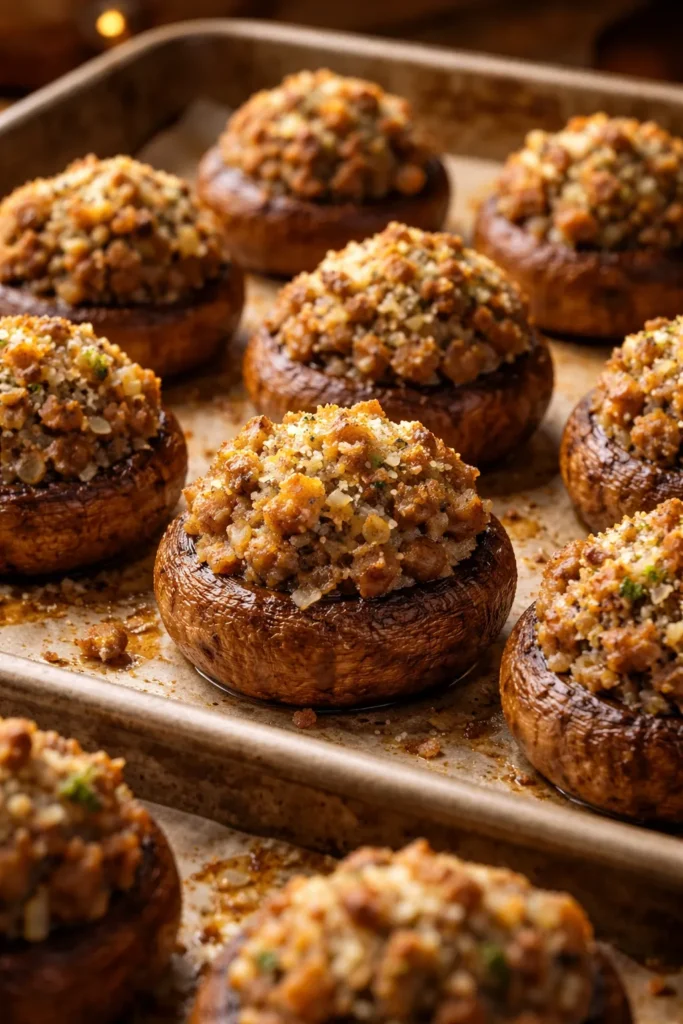 Close-up of Italian sausage stuffed mushrooms with browned sausage and breadcrumb topping