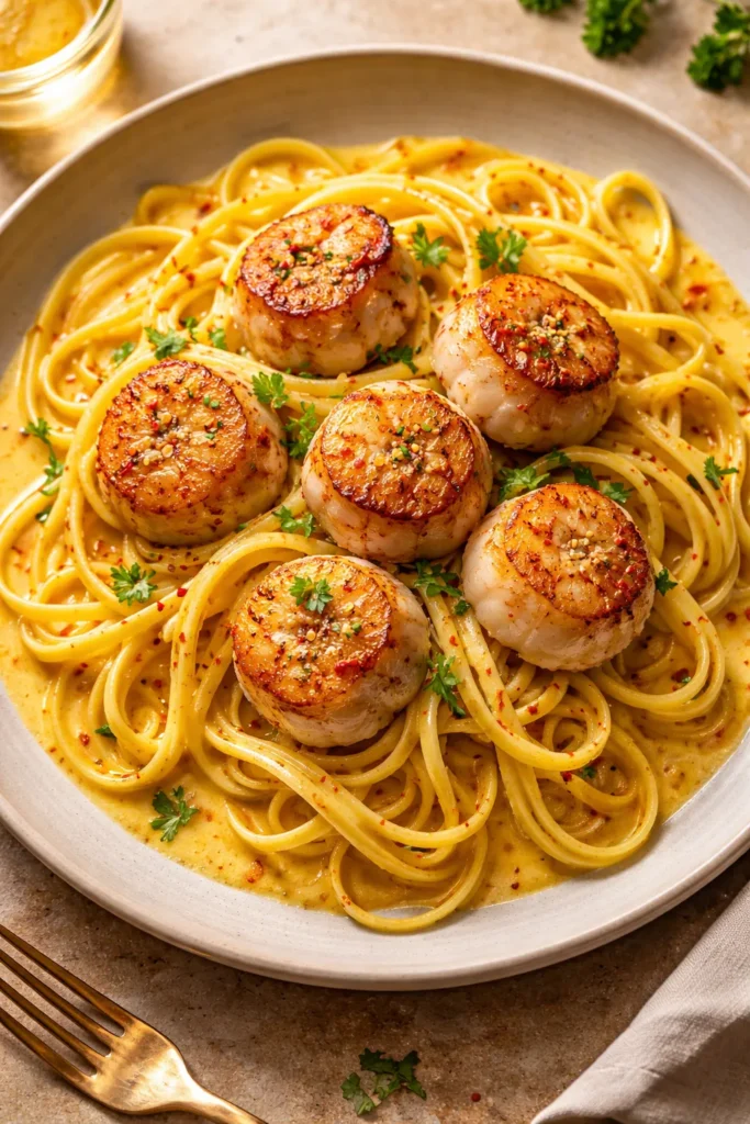 Seared scallops on saffron-tinged linguine