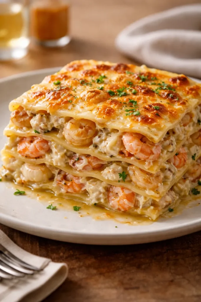 Seafood lasagna showing béchamel layers and seafood pieces.