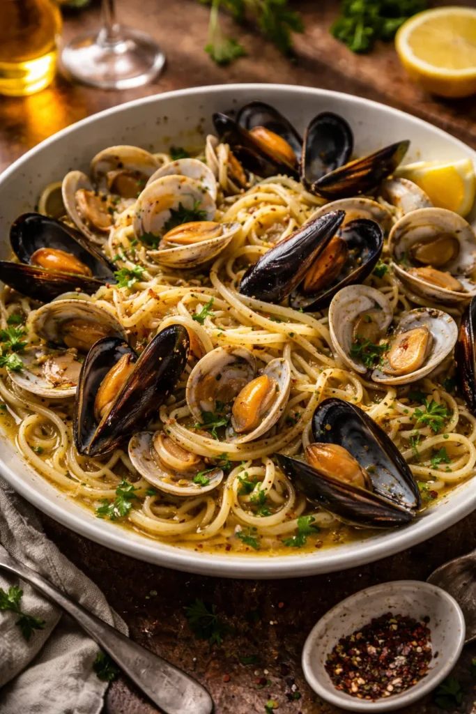 Seafood linguine with clams and mussels in white wine broth, open shells and glistening pasta