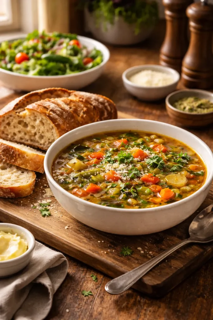 Bowl of soup with crusty bread on wooden board