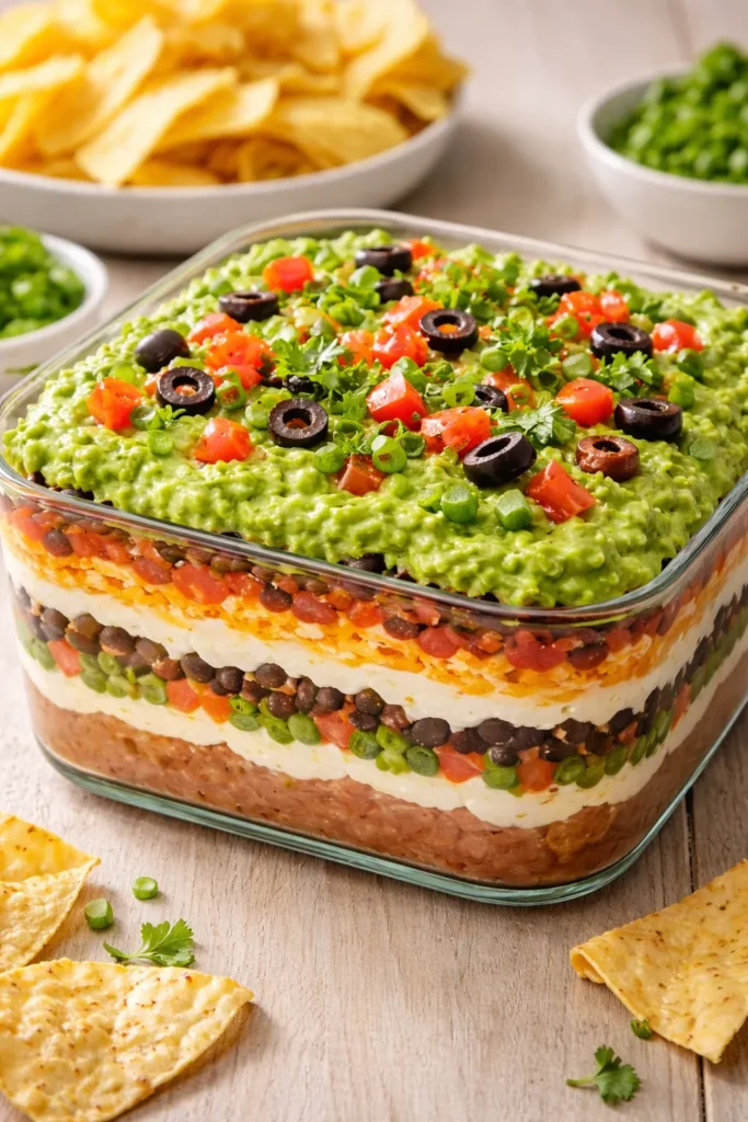 Multi-layer dip showing seven color bands including green guacamole