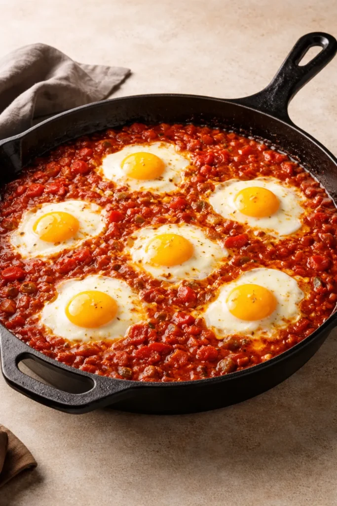 Eggs poached in spiced tomato sauce in a cast iron skillet
