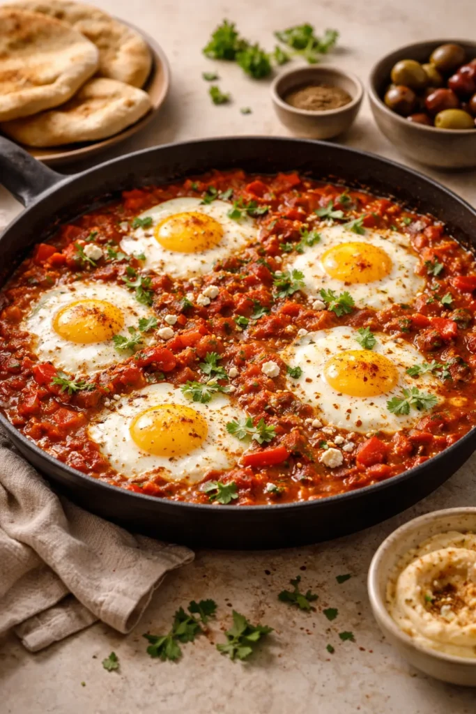 Eggs poached in tomato-pepper sauce in a skillet