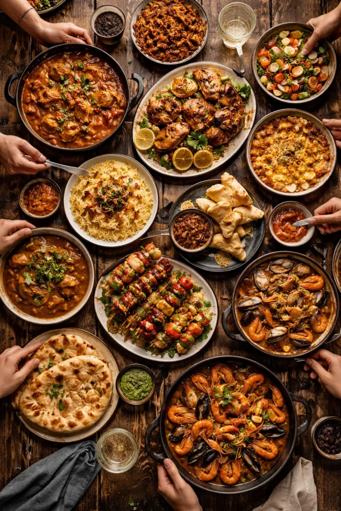 Table with multiple South African dishes arranged for sharing
