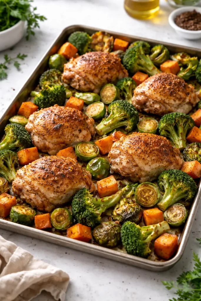 Sheet pan chicken thighs with roasted vegetables