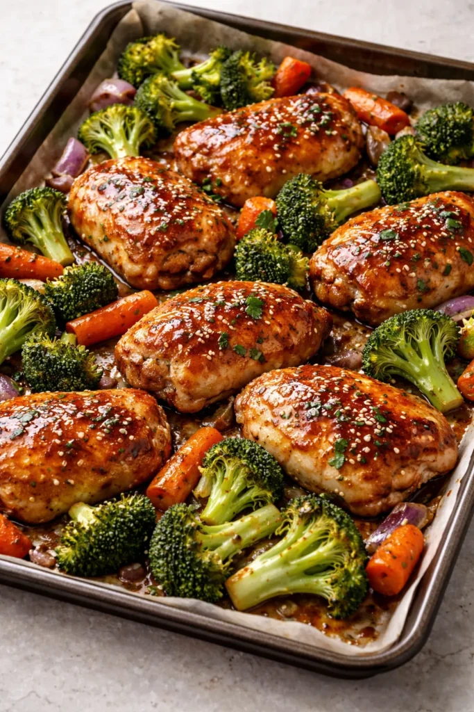 Sheet pan honey garlic chicken with vegetables roasted on a parchment-lined pan