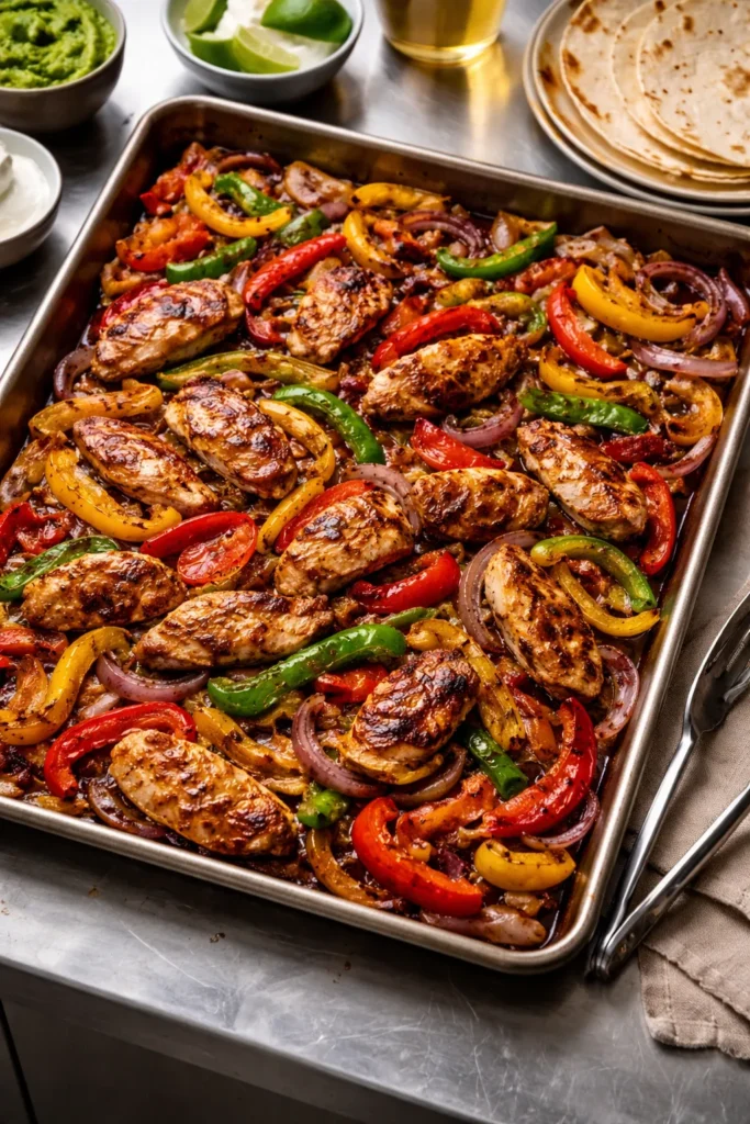 Sheet pan chicken fajitas with browned chicken and colorful peppers on a single pan.
