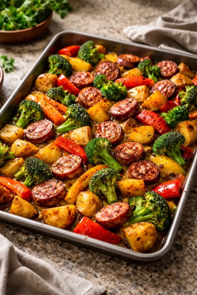 Sheet pan sausage with roasted potatoes and vegetables on pan