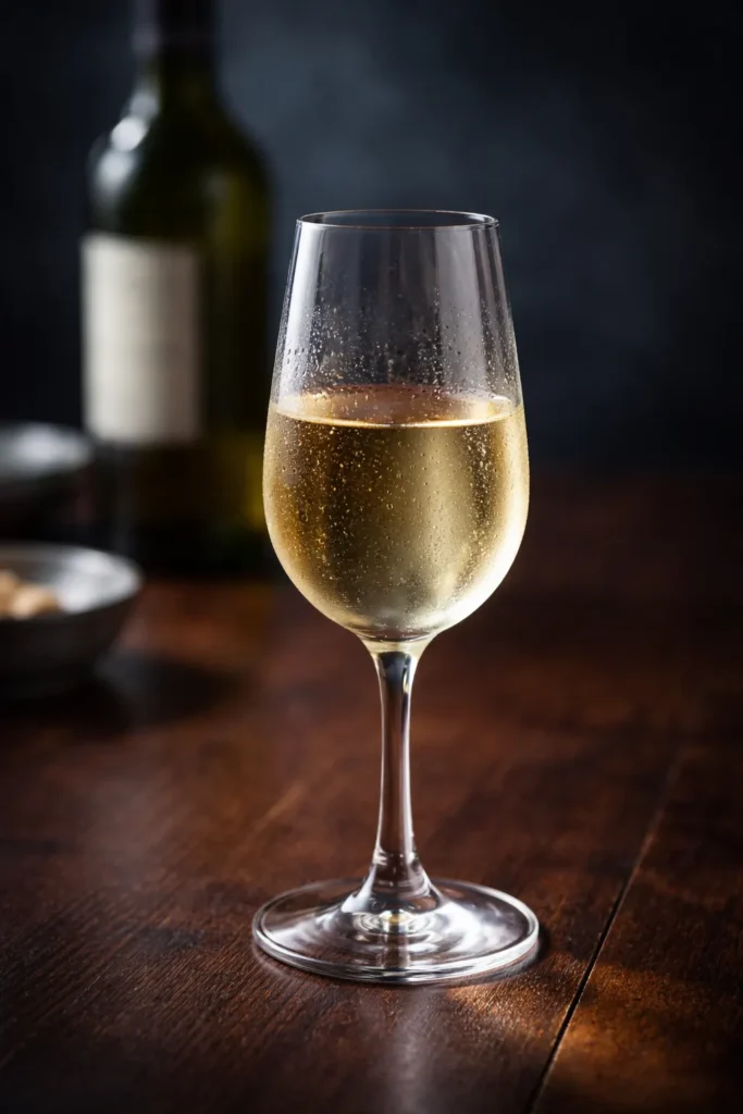 Glass of fino sherry on dark table