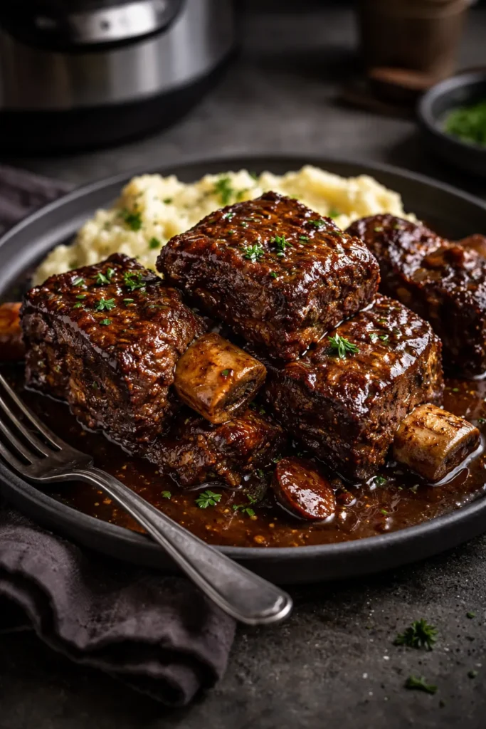 Braised short rib on a dark plate with glossy sauce