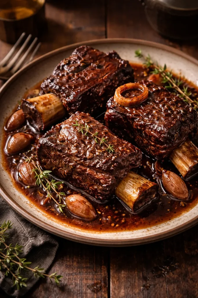 Close-up of bone-in beef short ribs in glossy red wine sauce on a rustic plate