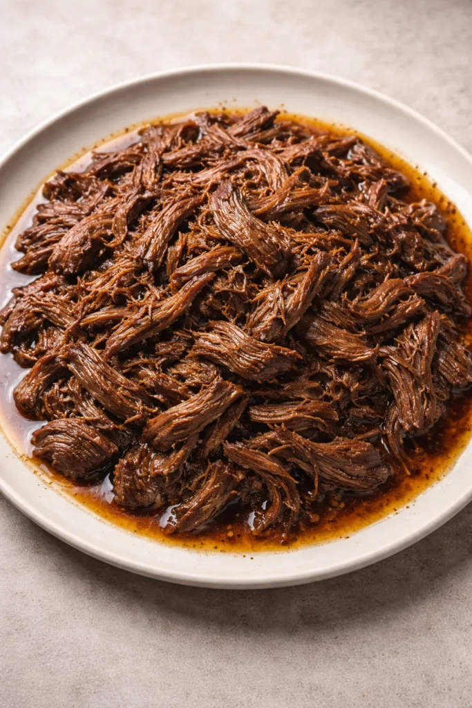 Shredded beef on plate with braising juices