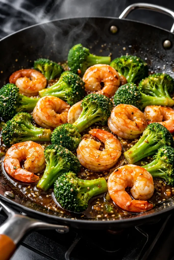 Shrimp and broccoli stir-fry in a glossy sauce with vibrant broccoli