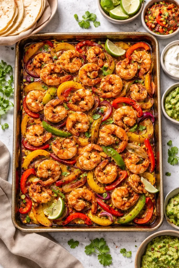 Sheet pan shrimp fajitas with peppers and onions on a baking sheet