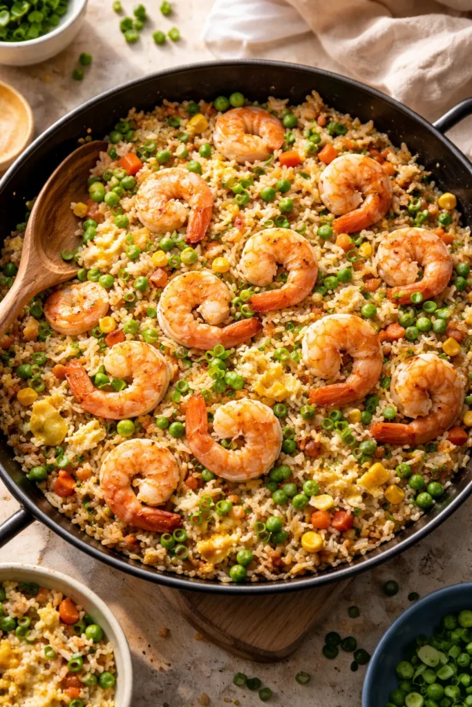 Shrimp fried rice with peas and corn in skillet