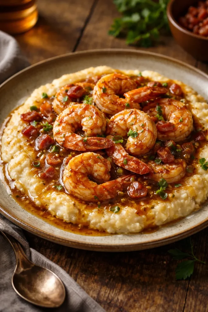 Creamy grits with shrimp in bacon gravy on a rustic plate