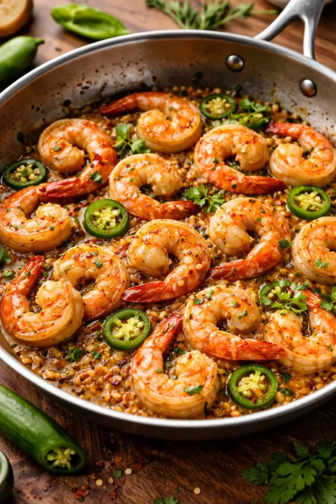 Shrimp scampi with jalapeño slices in a glossy sauce