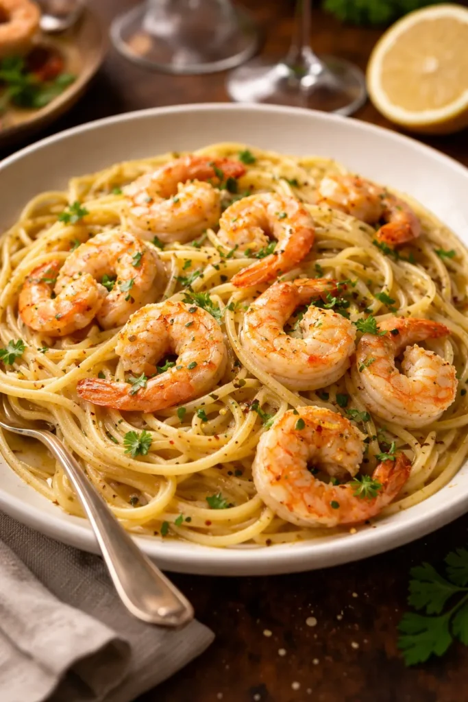 Linguine with garlic shrimp in buttery sauce on a plate