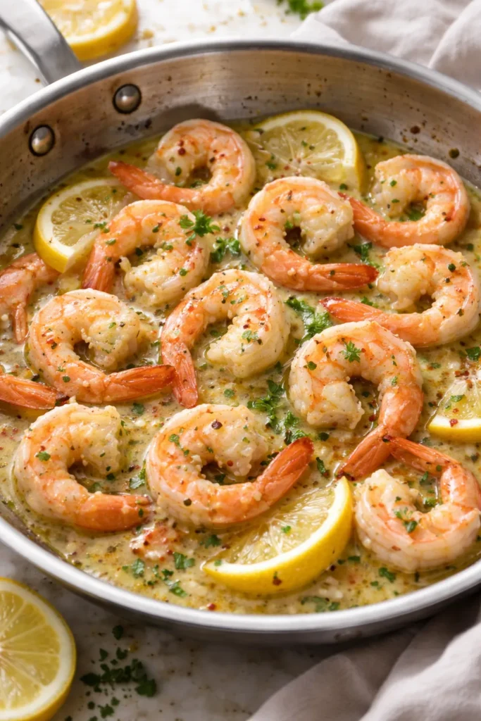 Shrimp in lemon-butter sauce for scampi on pan