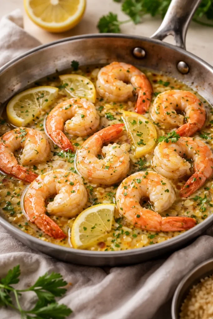 Close-up shrimp scampi in a skillet with glossy sauce using chicken broth