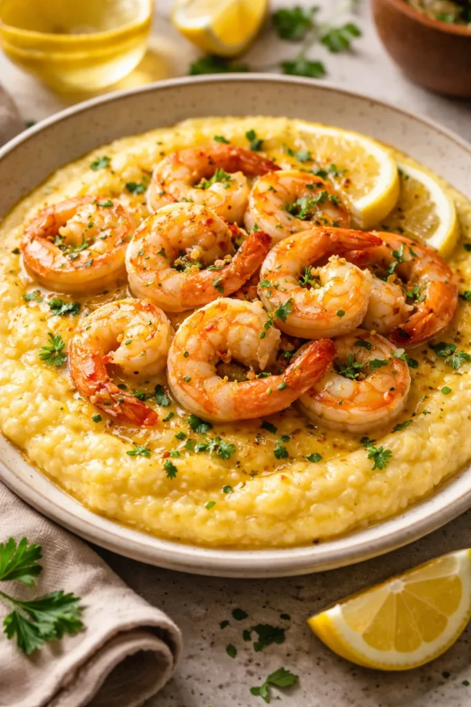Shrimp scampi served over creamy polenta