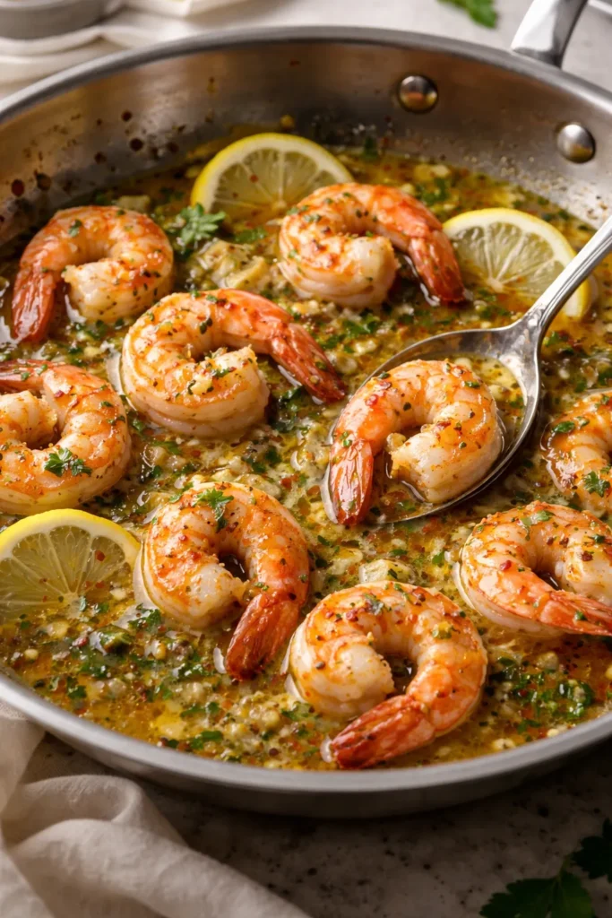 Shrimp in a glossy herb sauce with vermouth reduction