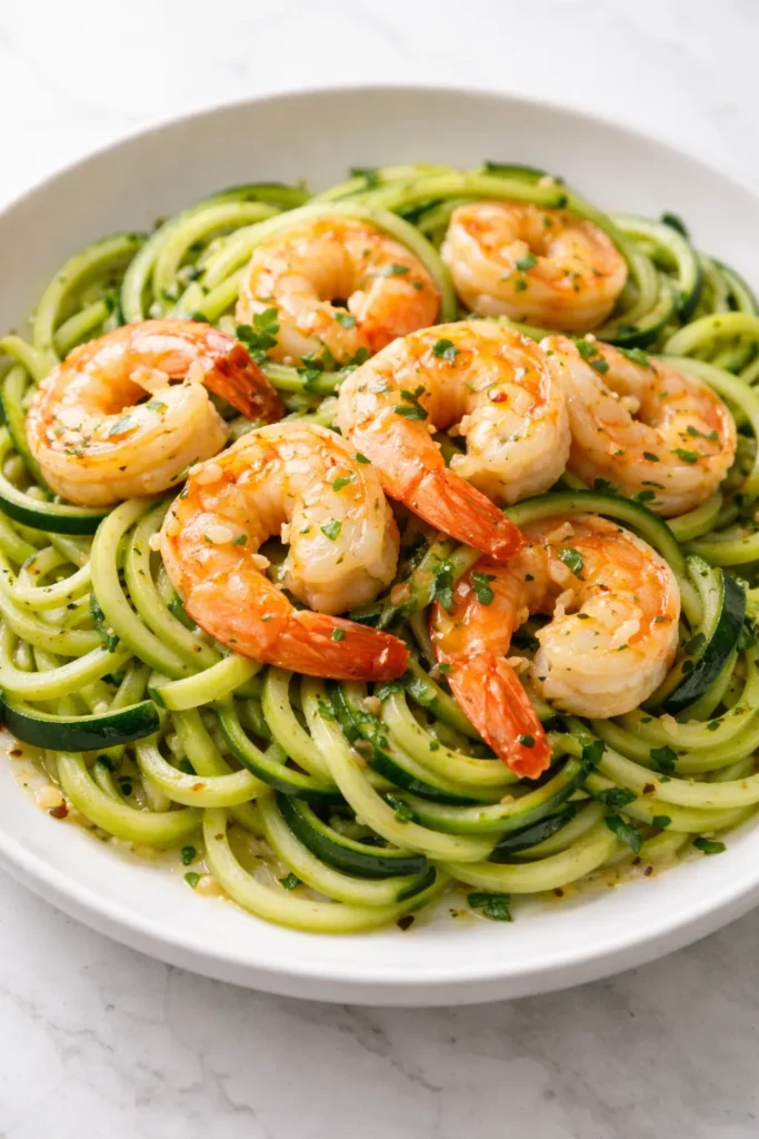 Shrimp with zucchini noodles in garlic butter sauce on a plate